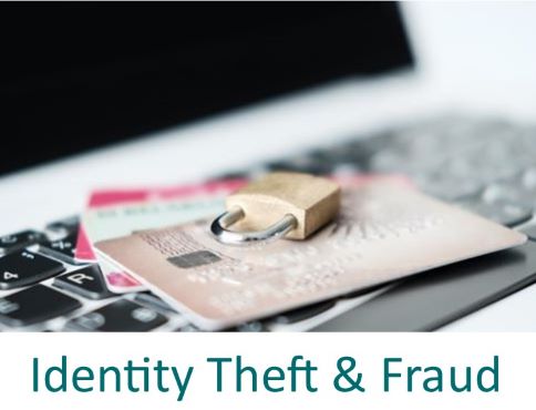 identity theft & fraud, picture of a computer, lock and credit cards