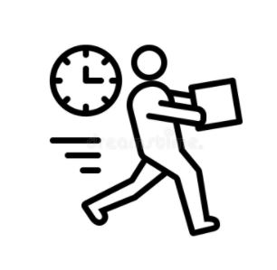 An image of a clock with a person rushing with a box